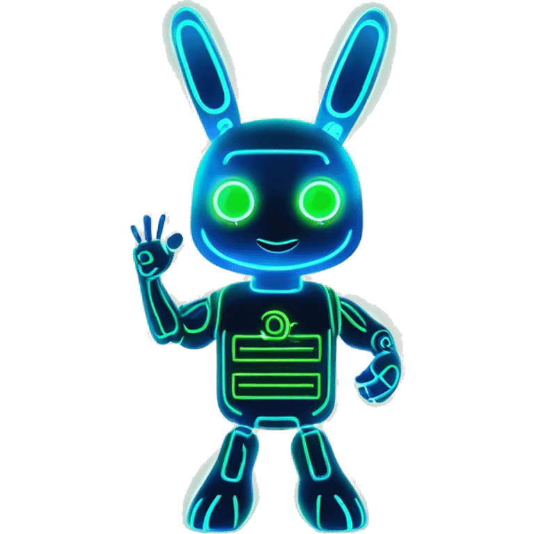 The blue and green robot rabbit surrounded by glowing effects or energy lines, with its fist in the air as if powering up. emoji