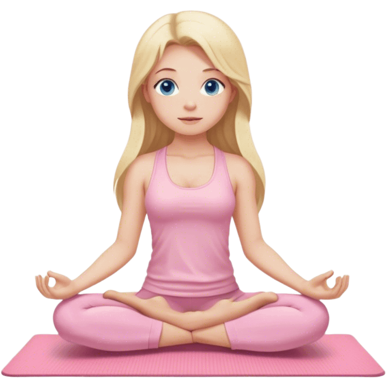 A yoga girl with blonde long hair and blue eyes in light pink clothes is sitting on a yoga mat emoji