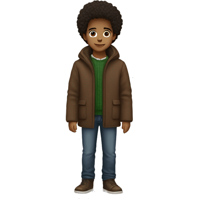 winter, christmas, hispanic, afro hair,  boy, short hair, brown eyes, child, full body, brown coat emoji