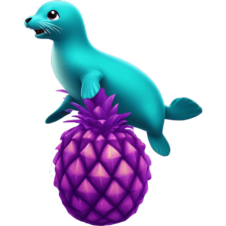 teal seal jumping exploding out of big purple pineapple emoji