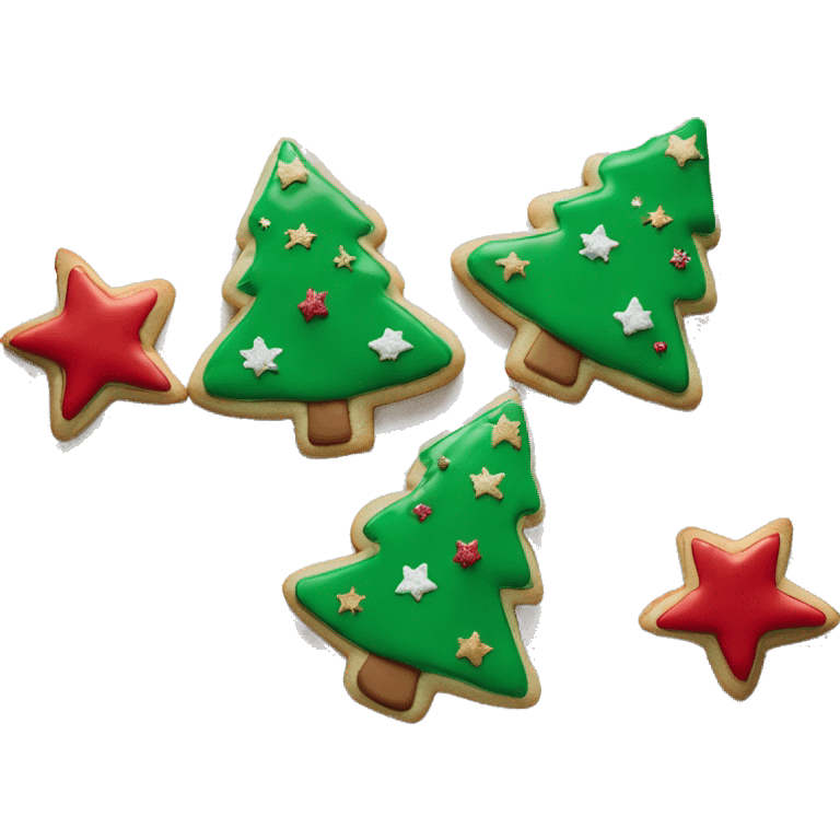 3 Christmas cookies shaped like stars and trees with red, green, and white icing, sprinkled with edible glitter emoji