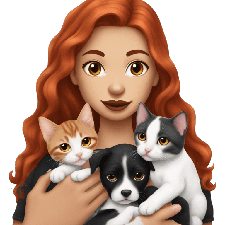 Long Red haired woman with septum piercing holding black and white English Staffordshire puppy and tabby kitten emoji