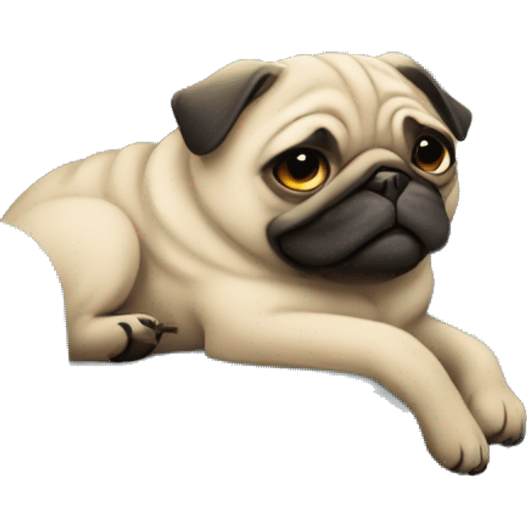 A pug sleeping on the sofa with a ball in the mouth emoji