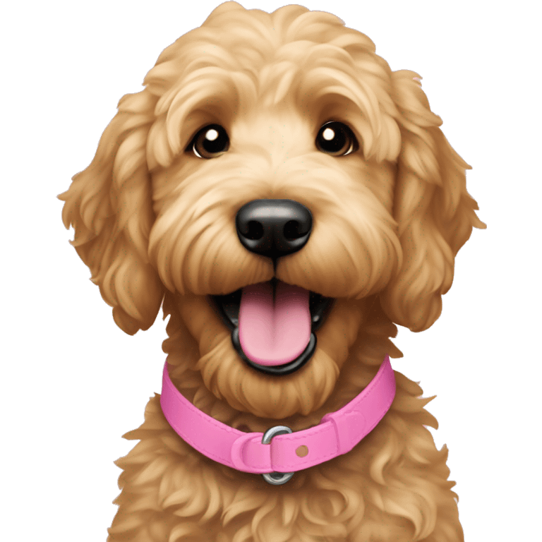 Goldendoodle with tongue out, wearing pink collar emoji