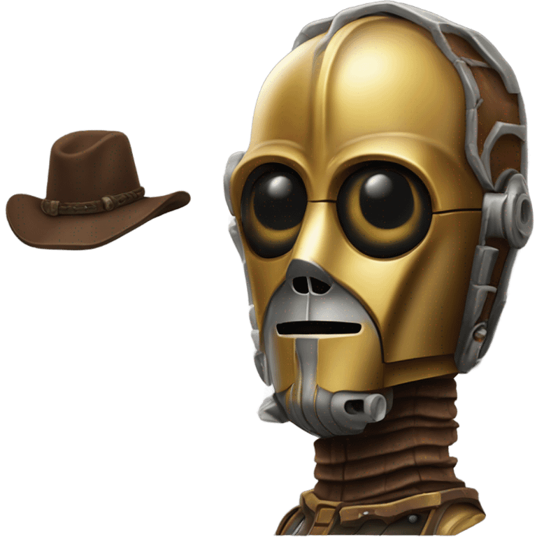 wild west Bounty hunter C3po wearing small hat relaxed pose bearded rusty emoji