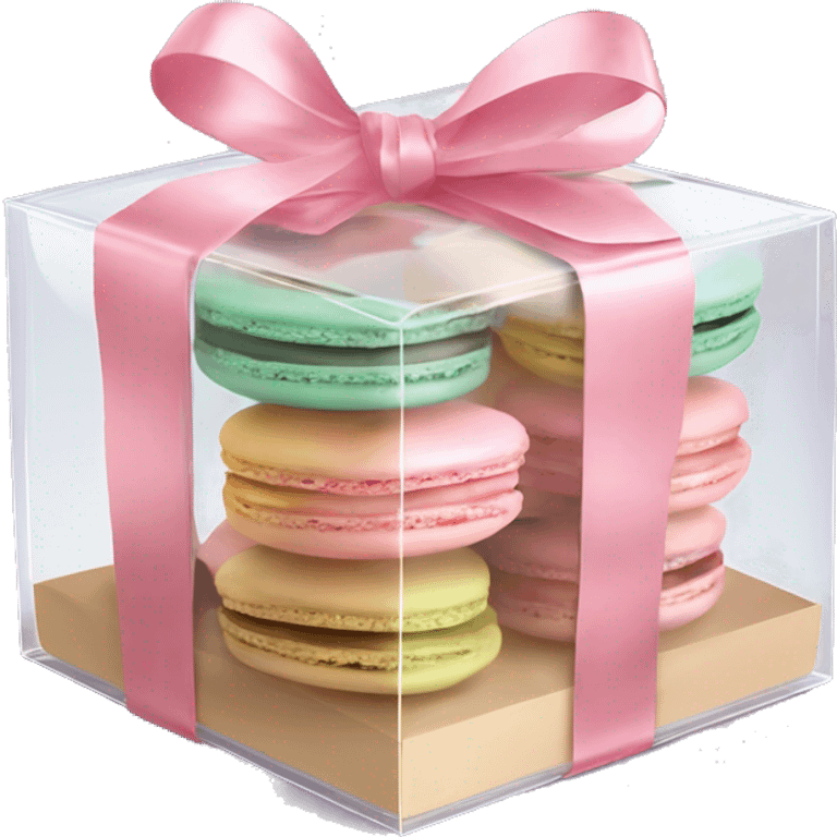 Realistic flat transparent clear take away food box with pastel macaron cookies inside the box with ribbon bow tied around the box. emoji