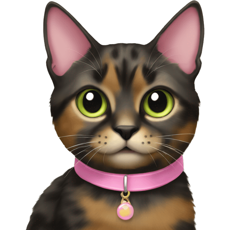 Tortie cat with black base and a little bit of brown fur with light green eyes wearing a pink collar emoji