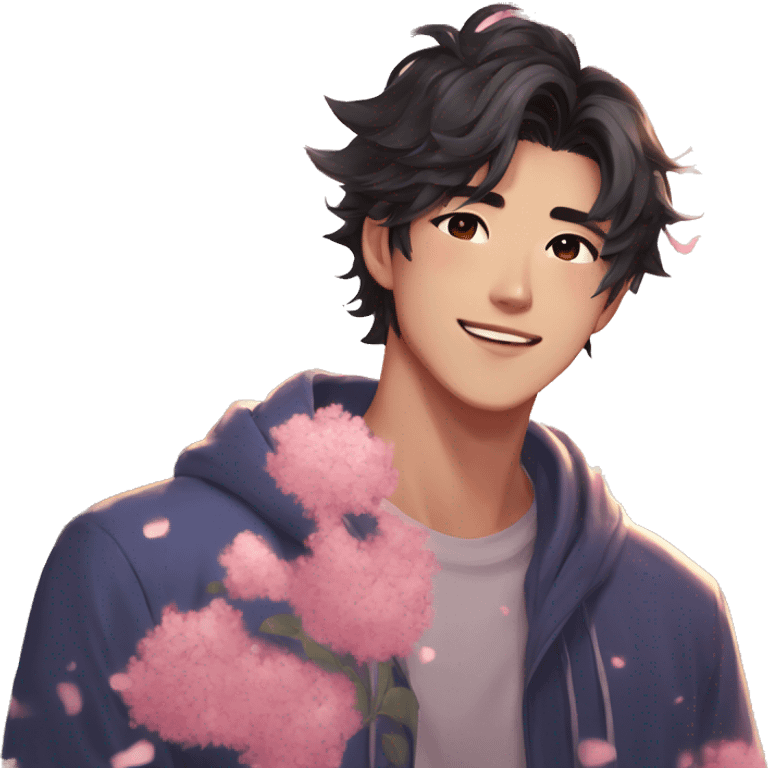 Gorgeous bright sparkly romantic Asian anime style guy with blushing face and flowers aesthetic trending style outside emoji