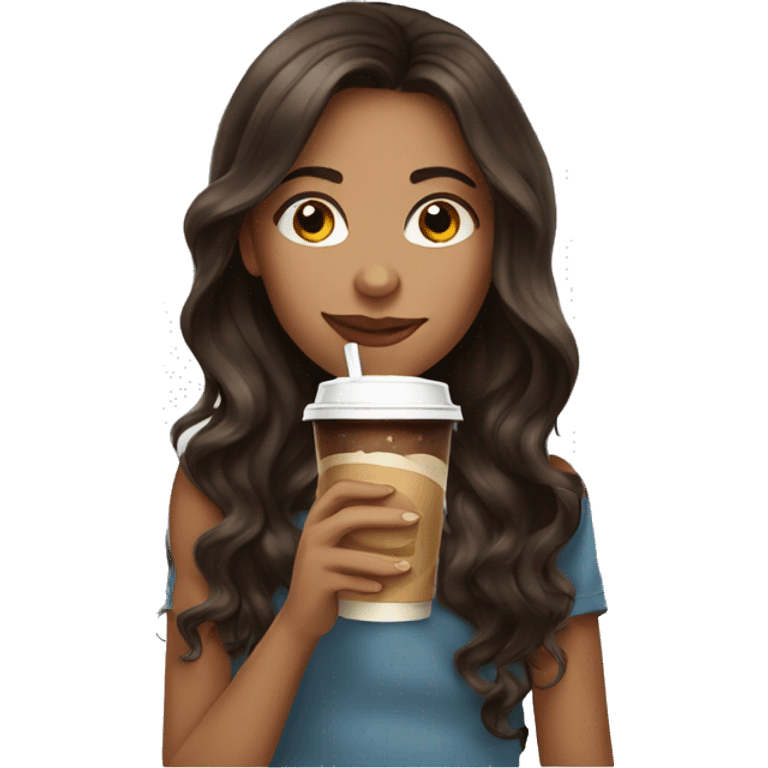 girl with long wavy dark brown hair with highlights drinking iced coffe emoji