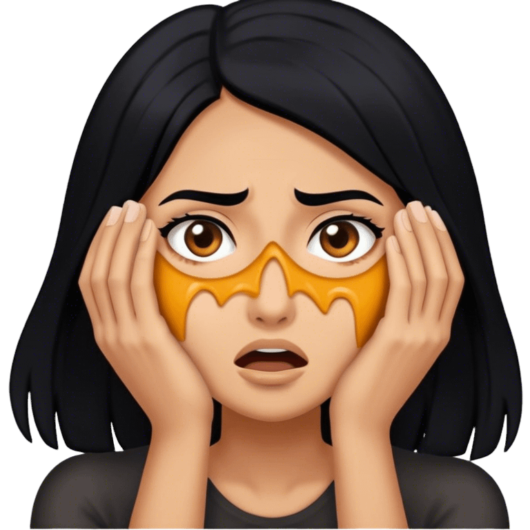 Woman shielding her face in fear with black hair emoji