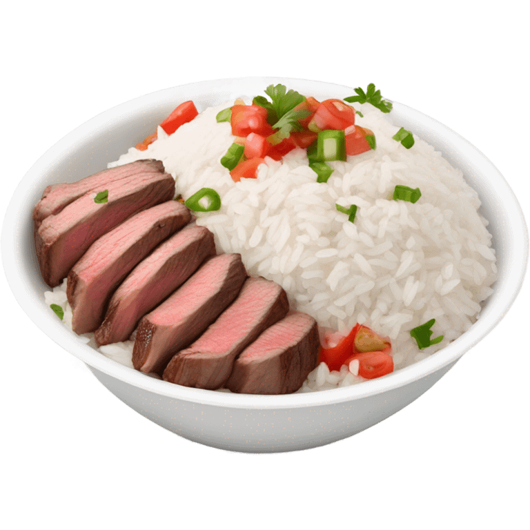 Chipotle bowl white oval with steak and rice and pico de gallo emoji