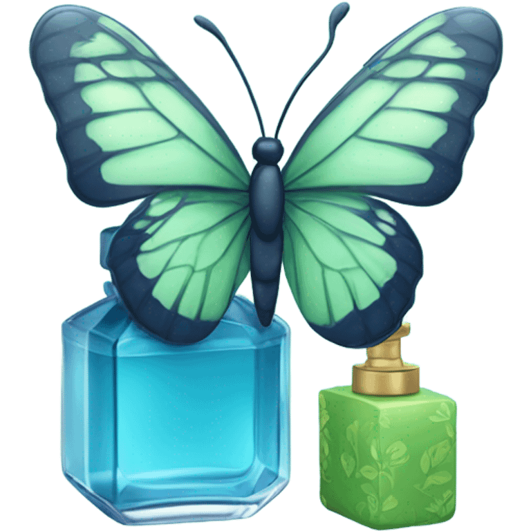  pastel green butterfly resting on an elegant blue perfume bottle with fork dark blue details. emoji