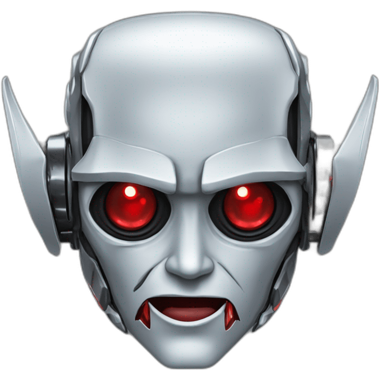 Cyber futuristic silver vampire robot face  red eyes, long ears and vampire fangs emoji