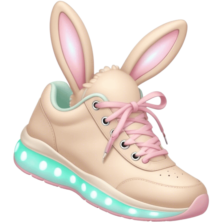 Cute Kawaii Shoe, small and bouncy, soft pastel sneakers with glowing highlights, cute sparkling eyes, a happy cheerful expression, laces tied like bunny ears! emoji