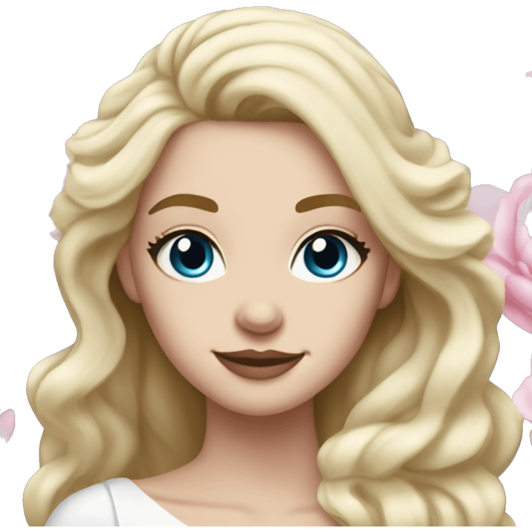 White bride with long light blonde hair and blue eyes with light pink peonies in hair white skin  emoji