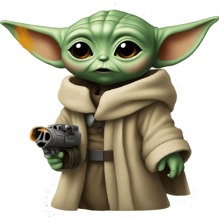 Baby Yoda holds a flamethrower emoji