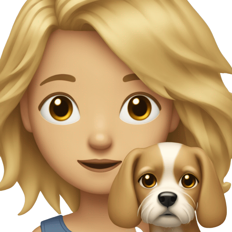 Blonde girl with Scruffy light brown medium sized dog with human eyes emoji