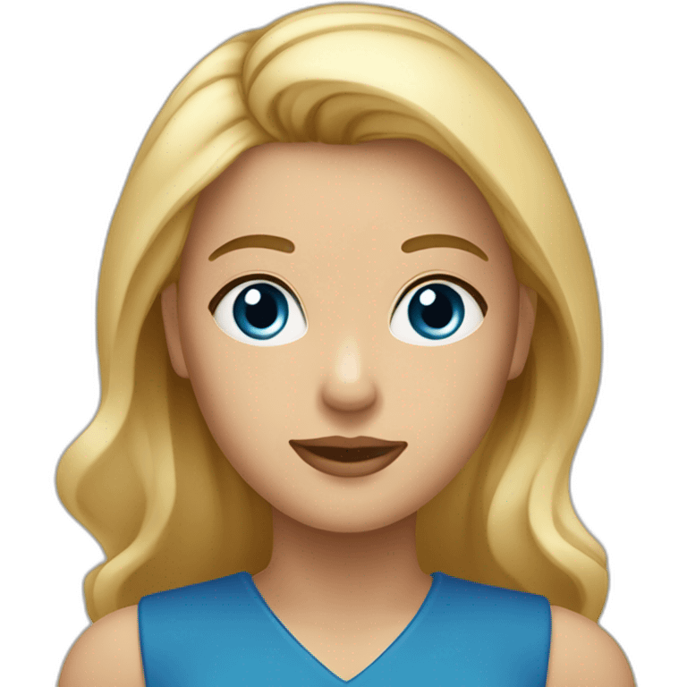 Une femme blonde au yeux brun avec la peau basanée et un top bleu roi emoji