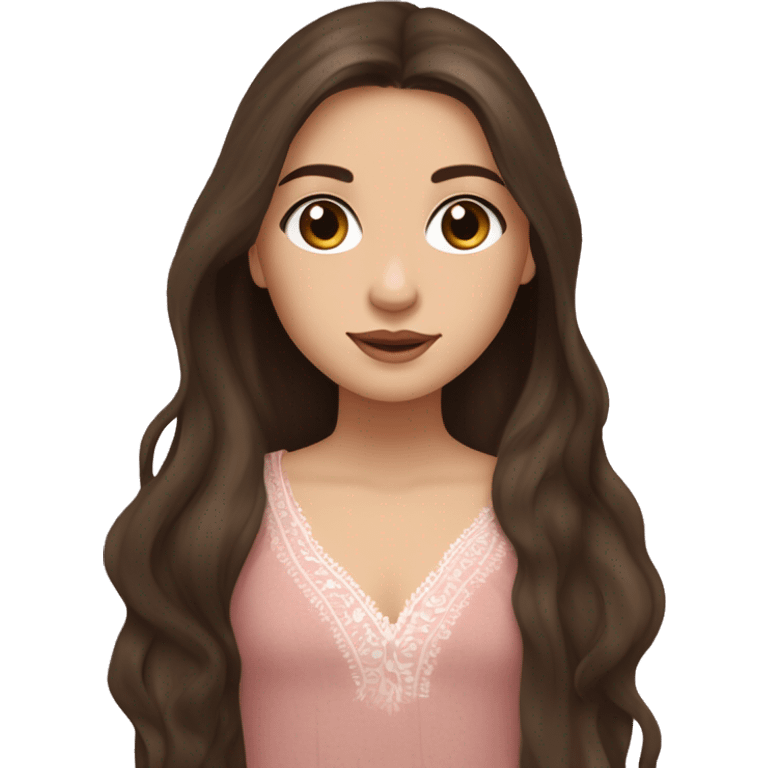 pale pretty brunette girl with really really long dark brown straight little bit wavy hair with brown eyes and wearing a brown boho top wearing eyeliner and wearing a pink lily flower in her hair emoji