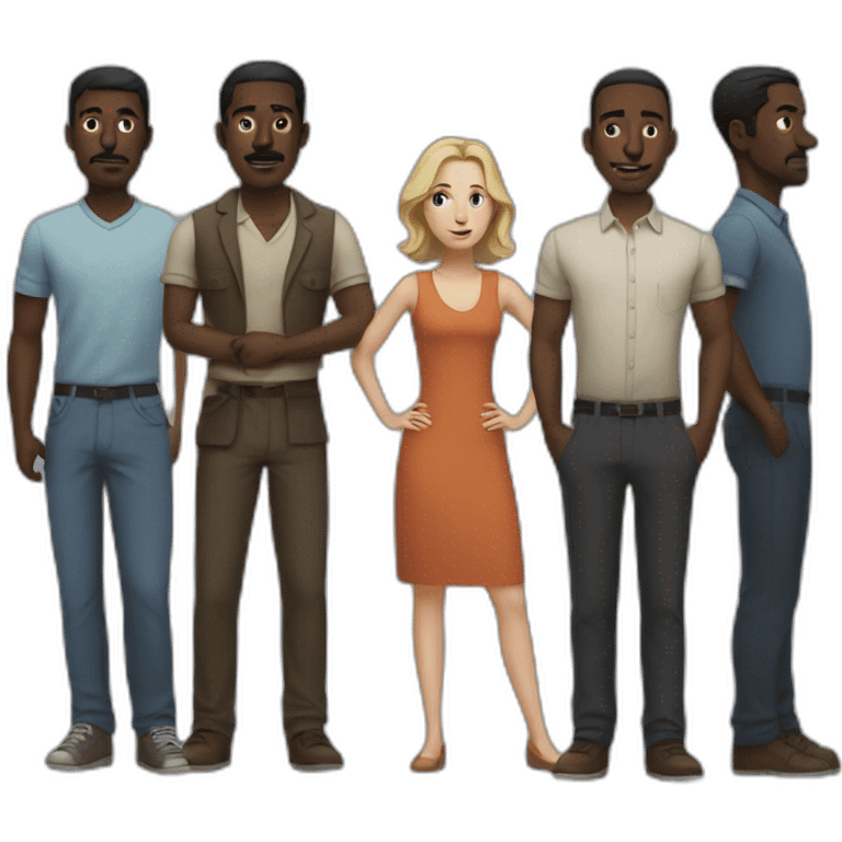 six dark-skinned men stand behind a pale woman emoji