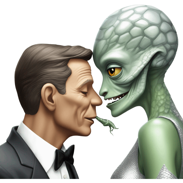 Frank Sinatra  hugs and kissing Alien reptilian woman in silver dress  emoji