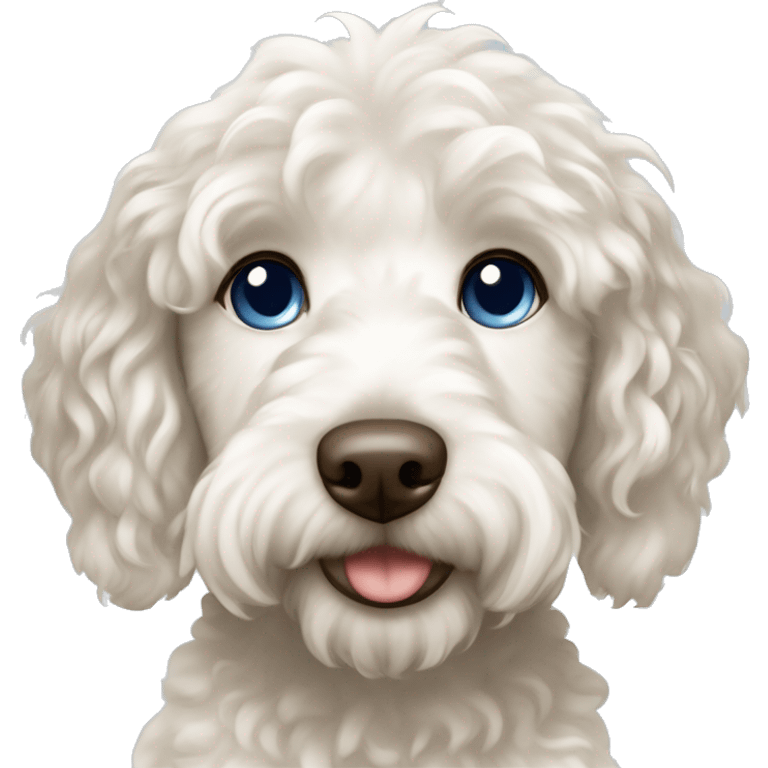 White Labradoodle with dark brown ears and girl with wavy brown hair , blue eyes and light skin emoji