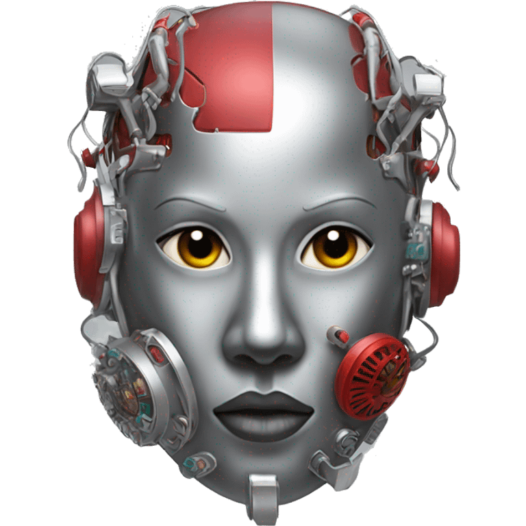 Silver Mohawk female cyborg head with red respirator mask and circuits emoji