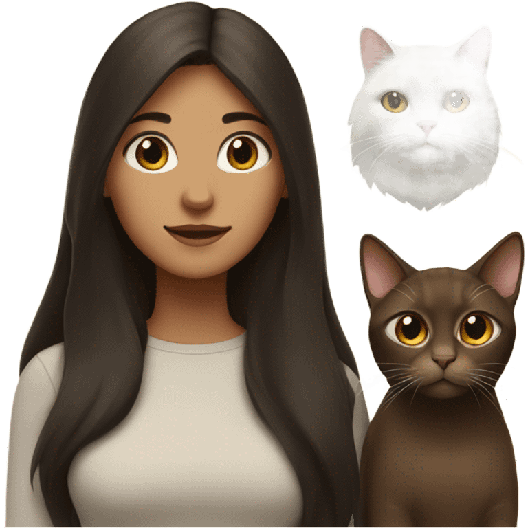 a girl with long dark hair with one brown cat and white cat with her emoji