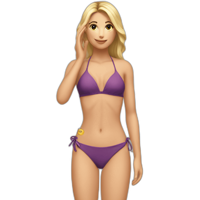 fit Caucasian woman bikini (hands-in-hair pose) (full body) emoji