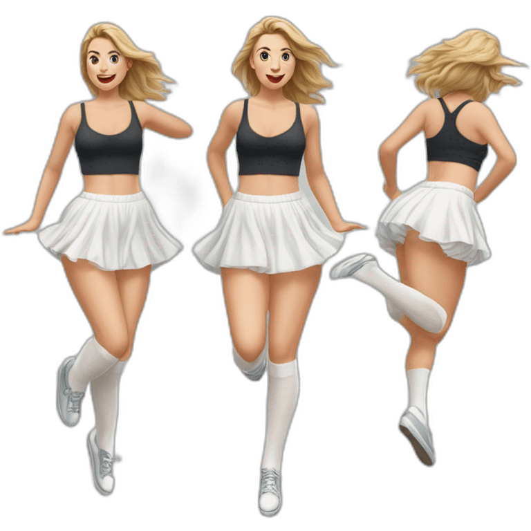 Hyperrealistic Full body Caucasian curvy beauty jumping short white skirt back and front views strong wind knickers long white socks emoji