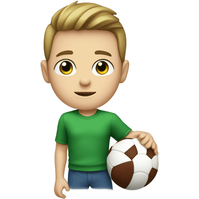 white boy with blue eyes, wearing a green and yellow shirt holding a football. from the chest up emoji