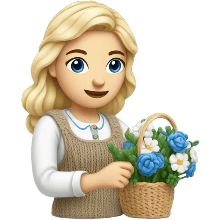 beautiful finnish blonde woman with blue eyes knitting flowers emoji