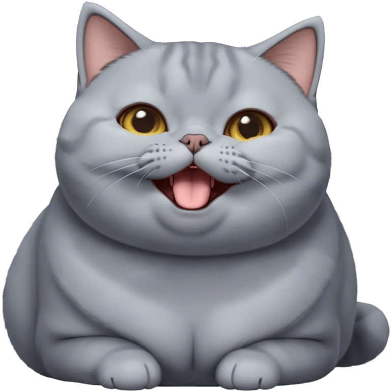 Cinematic Cute Chubby Grey British Shorthair Cat Portrait Emoji, Head tilted playfully and yawning, round and plump body with sleek soft grey fur and subtle blue undertones, Simplified yet adorable features, highly detailed, glowing with a warm, friendly glow, high shine, curious yet calm, stylized with a touch of whimsy, bright and endearing, soft glowing outline, capturing the essence of a mischievous yet loving and lazy kitty, so cute it feels like it could stretch out of the screen and cuddle! emoji