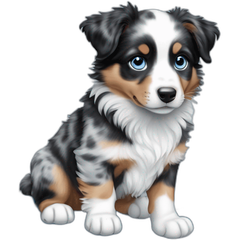 a 5 month old puppy, miniature American shepherd breed, blue merle color, with blue eyes, with a snowboard emoji