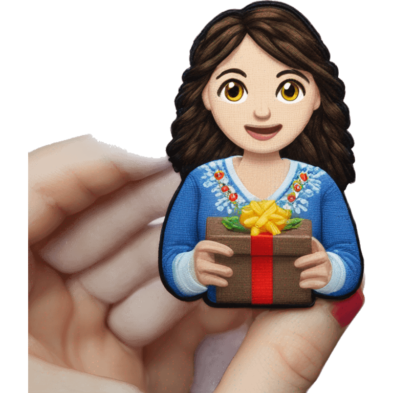 A female teacher in Ukrainian embroidery holds a gift in her hand emoji