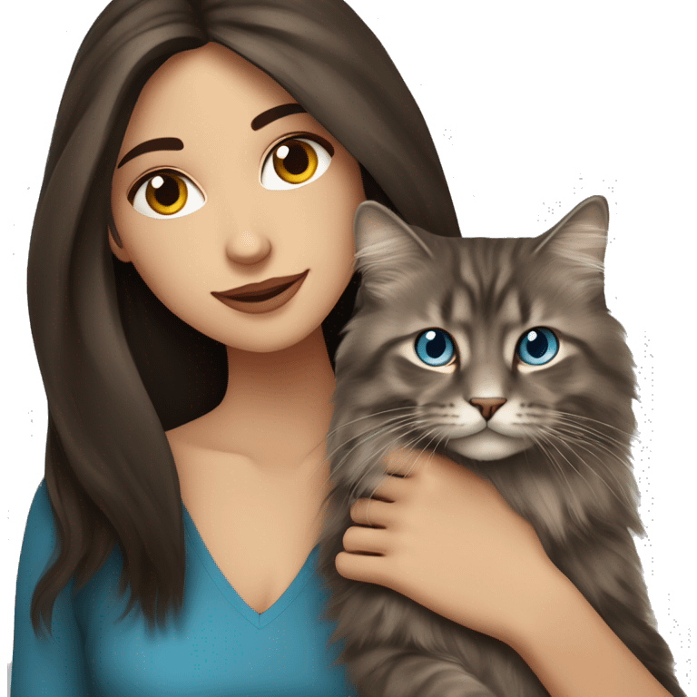 long straight haired blue eyed brunette woman holding norwegian forest cat with amber eyes emoji