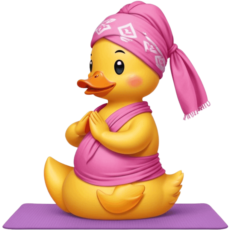 side view of yellow rubber duck with a pink bandana doing yoga while praying emoji