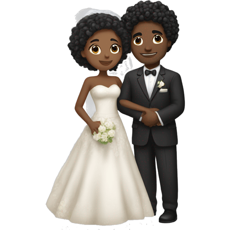 African Bride and Groom. Medium Brown skin. Black long curly hair. Short black haircut. Hugging each other. Eyes closed. emoji