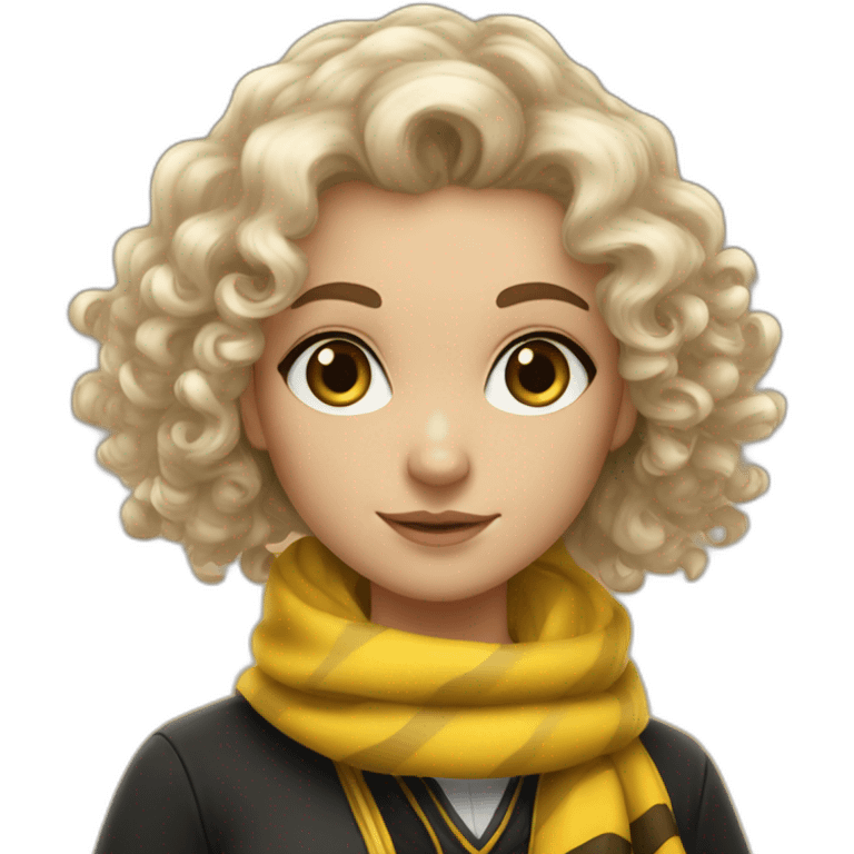 Curly hair white girl in hufflepuff with scarf and wand emoji