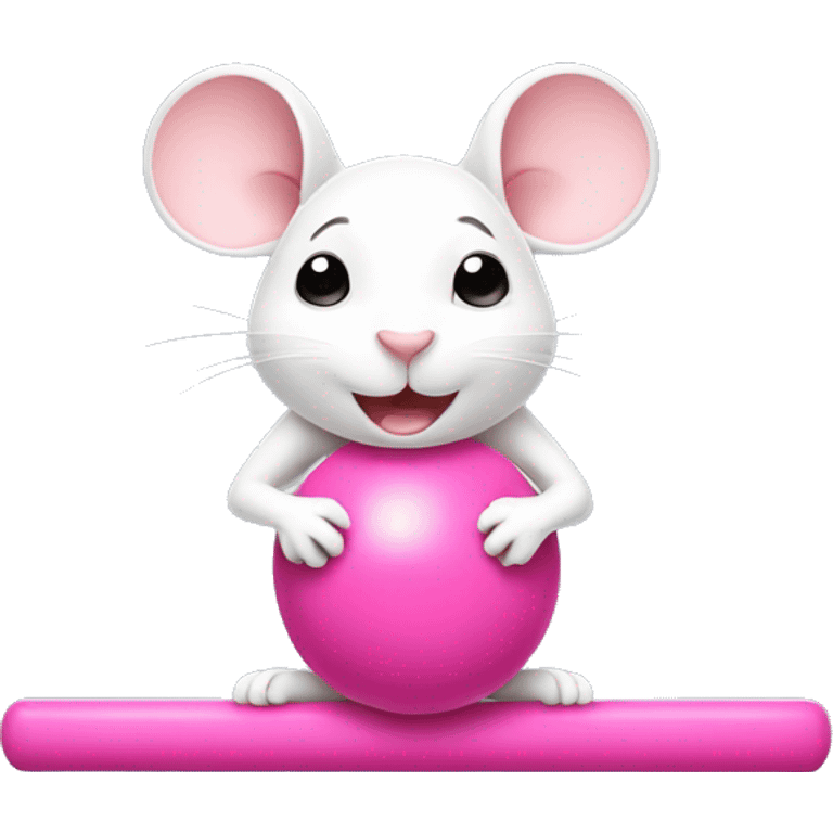 Cute white mouse doing pilates with pink weights emoji