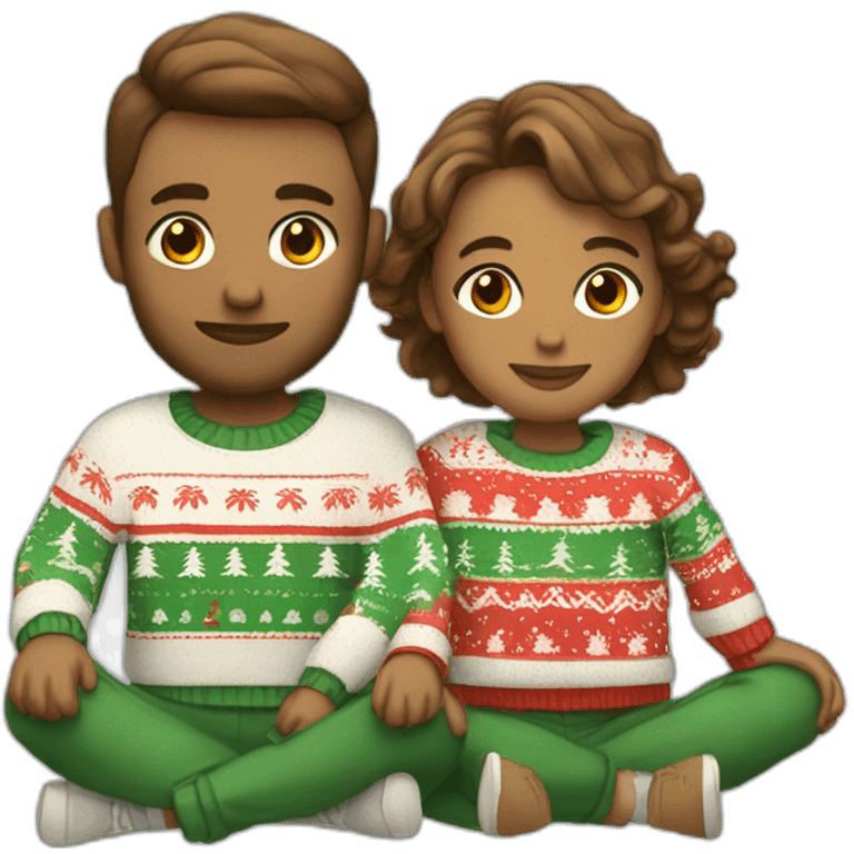 gay couple sitting in christmas sweathers and sweatpants with brown faded haircut emoji