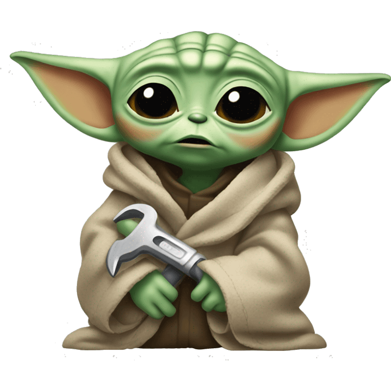 Baby Yoda  with a wrench and tired expression. tired from long repair, wipes the sweat off his face. emoji