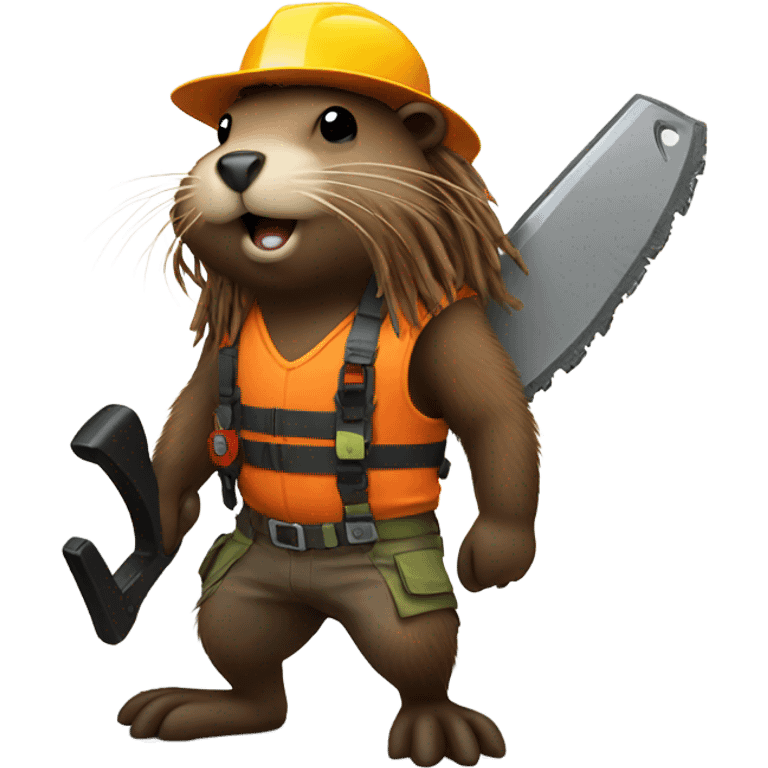 Beaver with dreadlocks in climbing gear with a chainsaw  emoji