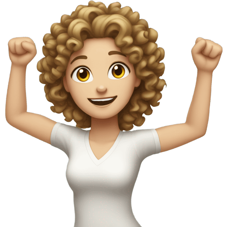 White Girl with curly hair with her arms up in triumph emoji