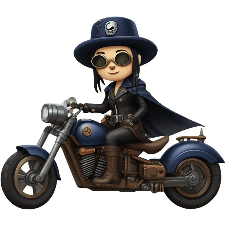 Bounty hunter Wednesday Addams Jedi wearing a pair of navy-blue rimmed steampunk goggles, hat, leather chaps, fringe jacket riding a relaxed distressed sci-fi 3 wheeled steampunk electric motorcycle with large fenders and saddlebags in desert town  emoji