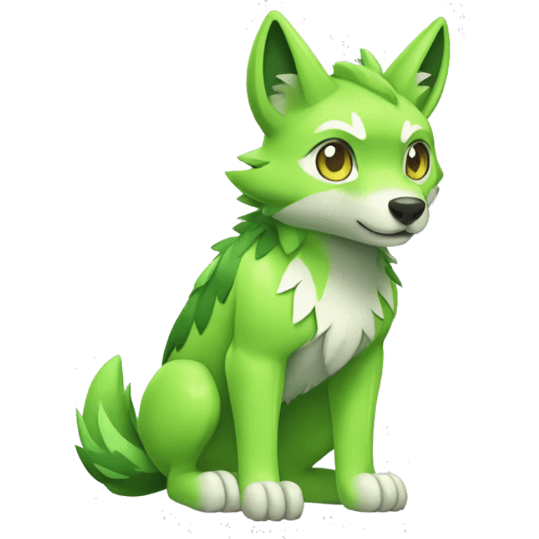 Cute Shy Shiny Lime-Green Fakémon-Wolf-Pokémon with white and dark-green markings Full Body emoji