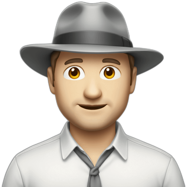 tim robinson wearing a grey fedora with a grey flap on the back white shirt emoji