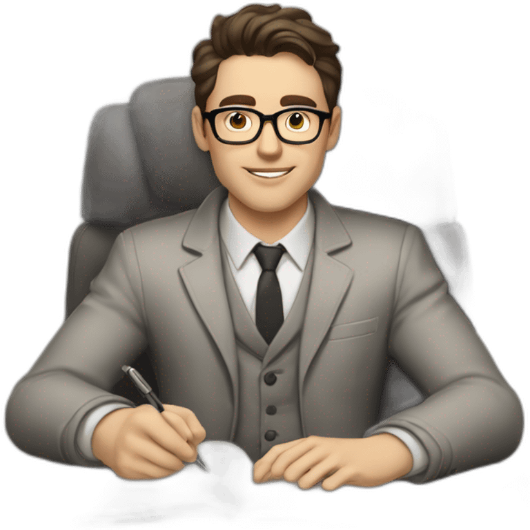 Pale skinned Fit Man With dark brown hair in gray jacket, beige office shirt and vintage glasses sitting In a soft chair with a notebook with emblem Ψ and a pen in his hands emoji