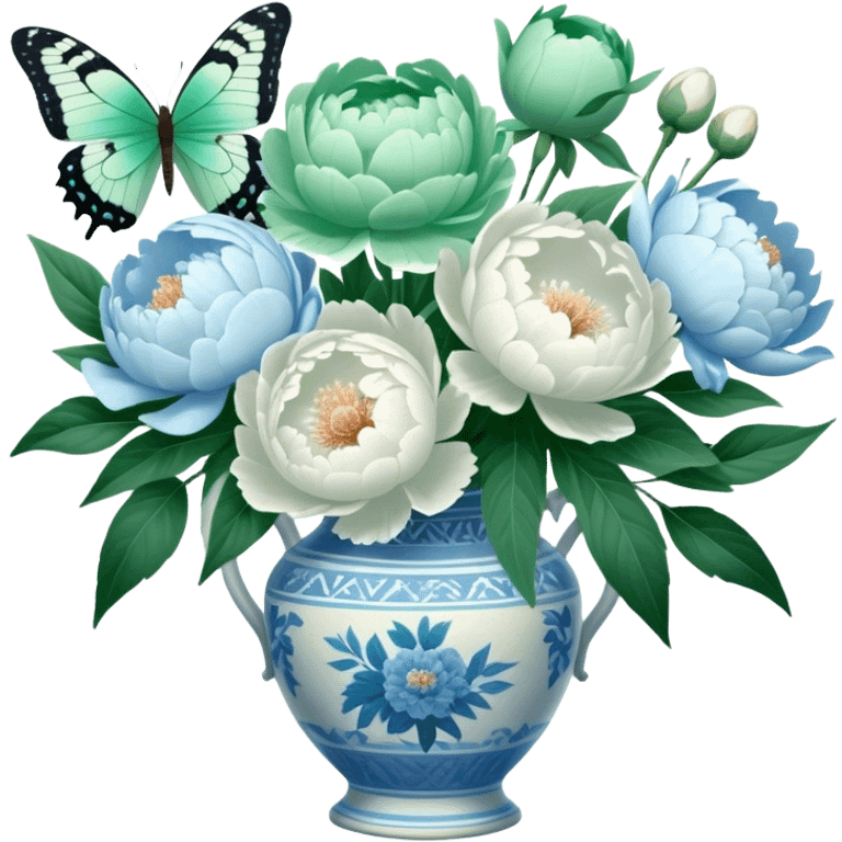 A soft green butterfly fluttering near a bouquet of pale blue and white peonies in an antique vase. emoji