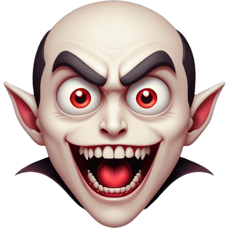 Cinematic Comical Vampire Portrait Emoji, with a sharply stylized, slightly caricatured pale face accented with exaggerated fangs and overly dramatic wide eyes filled with comic shock, head tilted in a hilariously startled pose, simplified yet amusingly detailed, glowing with a soft mysterious glow and a playful outline capturing the quirky humor of a vampire in disbelief! emoji